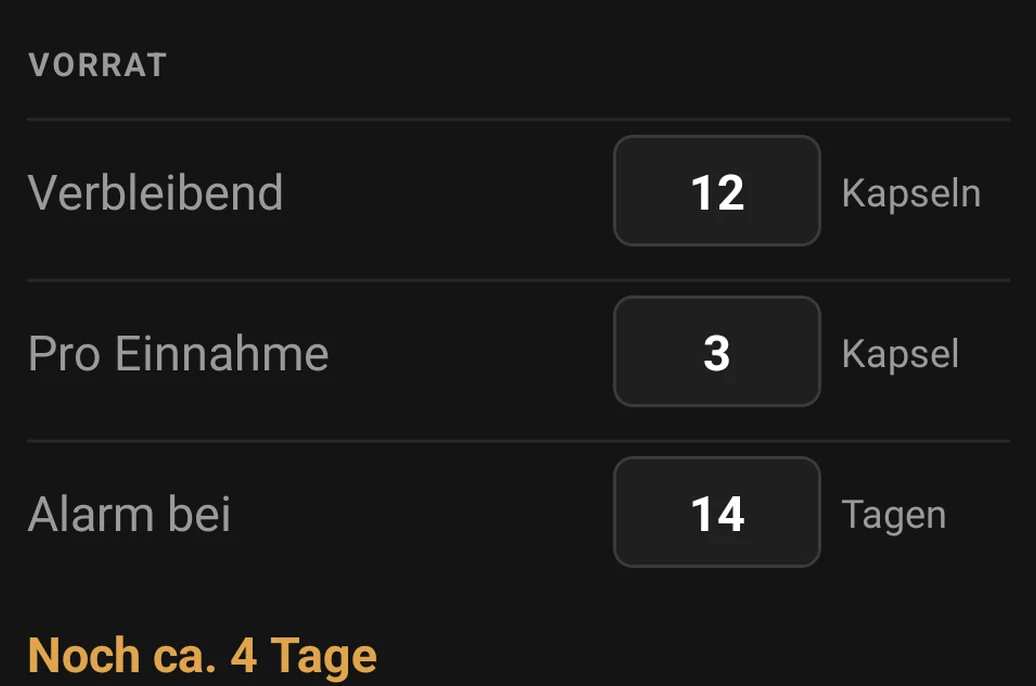 Dosify-Vorratsbereich eines Produkts: Verbleibend 12 Kapseln, 3 pro Einnahme, Alarm bei 14 Tagen, Hinweis „Noch ca. 4 Tage“